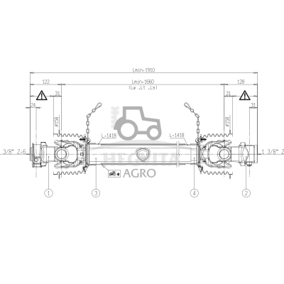 Kardaninis velenas 2×1 3/8 Z6, G8N, L1660, Bondioli Pavesi 	8G8N166CE007001 cardan shaft