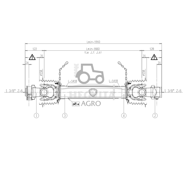 Kardaninis velenas 2x1 3/8 Z6, G8N, L1660, Bondioli Pavesi 	8G8N166CE007001 cardan shaft