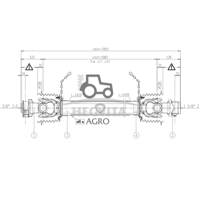 Kardaninis velenas 2×1 3/8 Z6, G8N, L1660, Bondioli Pavesi 	8G8N166CE007001 cardan shaft