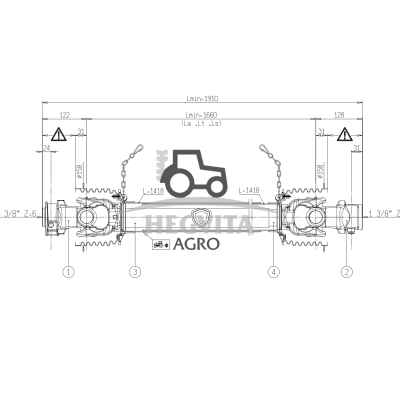 Kardaninis velenas 2×1 3/8 Z6, G8N, L1660, Bondioli Pavesi 	8G8N166CE007001 cardan shaft